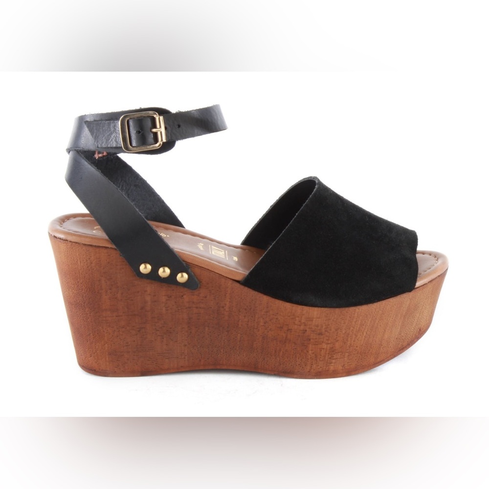 Seychelles Forward Platform Saddle Ankle Strap Wedges Black size 10